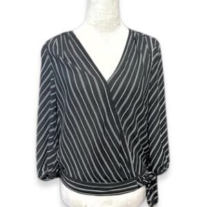 Loft Faux Wrap Top Long Sleeve Surplice Neckline Side Tie Black White Women's XS